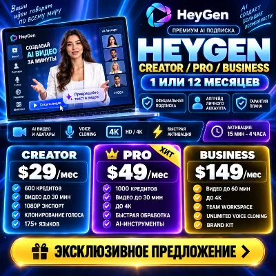 HEYGEN НА 1/12 МЕСЯЦЕВ — CREATOR / PRO / BUSINESS (100% ОФИЦИАЛЬНАЯ ПОДПИСКА) - irongamers.ru