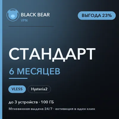 Black Bear VPN Стандартный 6 месяцев VLESS и Hysteria2 - irongamers.ru