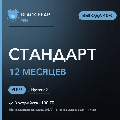 Black Bear VPN Стандартный 12 месяцев VLESS и Hysteria2 - irongamers.ru