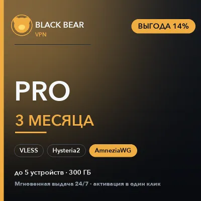 Black Bear VPN Pro 3 месяца AmneziaWG + VLESS + Hysteria2 - irongamers.ru