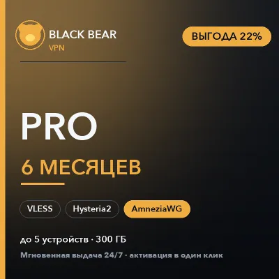 Black Bear VPN Pro 6 месяцев AmneziaWG + VLESS + Hysteria2 - irongamers.ru