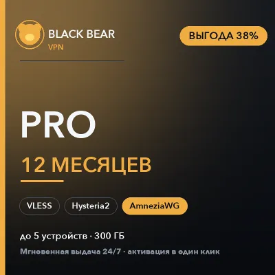 Black Bear VPN Pro 12 месяцев AmneziaWG + VLESS + Hysteria2 - irongamers.ru