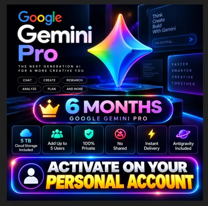 Antigravity + Google Gemini Pro — 6 месяцев · Облачное хранилище 5 ТБ · До 5 пользов