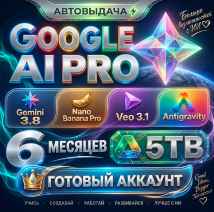 Мгновенное подключение · GOOGLE AI PRO 6 месяцев · Gemini 3.8, Veo 3.1, Nano Banana P