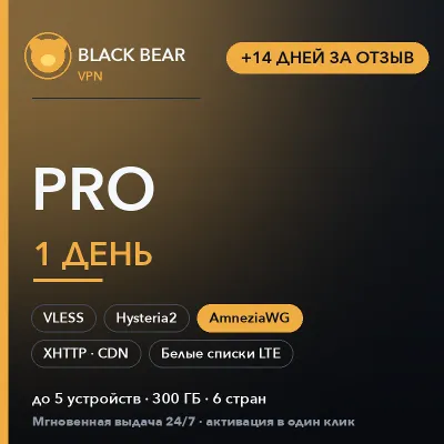 Black Bear VPN PRO 1 день | AmneziaWG VLESS Hy2 | Белые списки LTE | 14 дней за отзыв - irongamers.ru