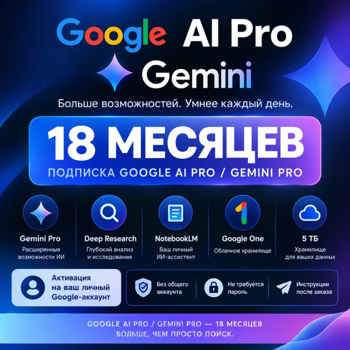 Google AI Pro · Gemini Pro на 18 месяцев · Активация на свой аккаунт · 5 ТБ
