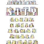 Латинский алфавит, декорированный рисунками домов