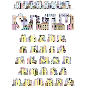 Латинский алфавит, декорированный рисунками домов