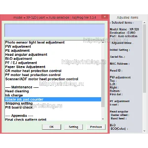 Adjustment program XP520, XP625, XP720, XP760, XP860