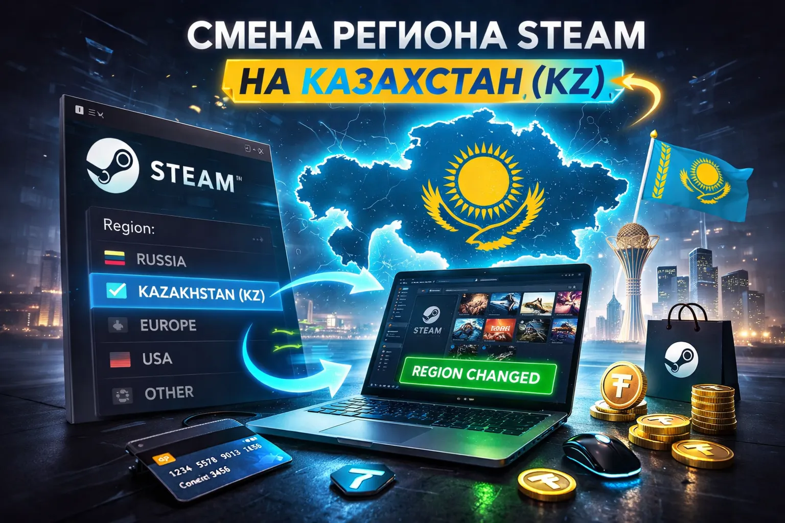 💥🟠✨ STEAM 🔥 CHANGE ACCOUNT REGION TO KAZAKHSTAN 💥  💥 ANY ACCOUNTS OTHER COUNTRIE