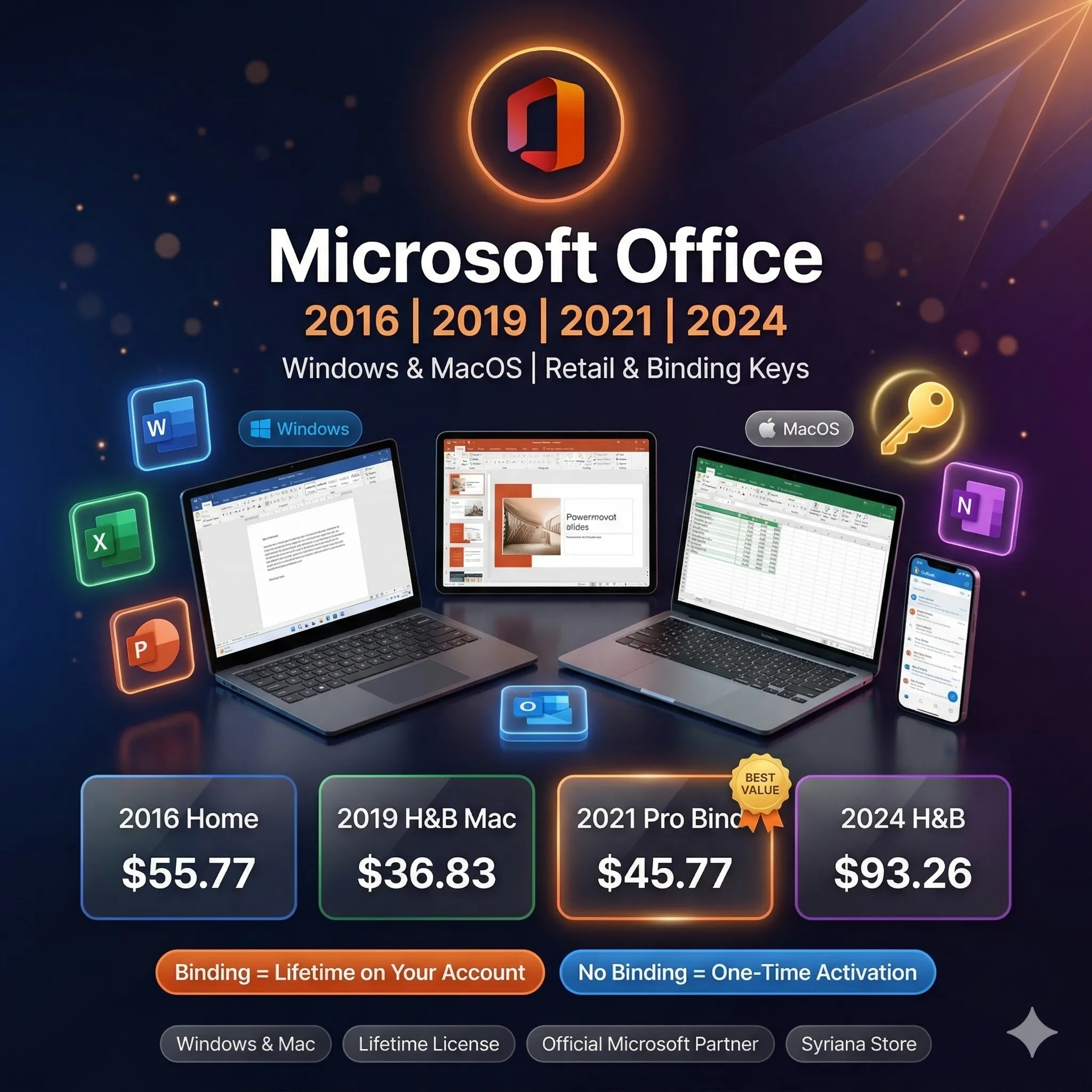 Ключ Office 2016 2019 2021 2024 Win MacOS Retail Bind