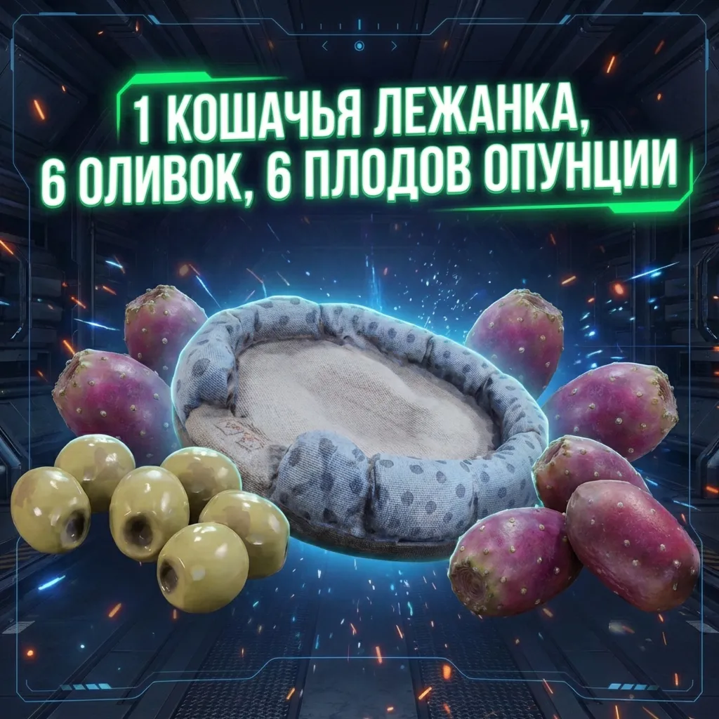 Все для прокачки петуха на 4 уровень (1 кошачья лежанка, 6 оливок, 6 плодов опунции)