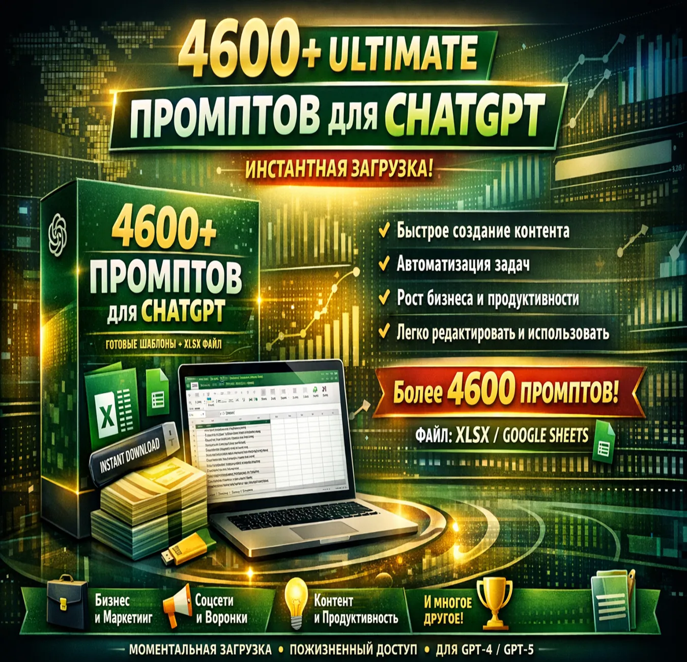 +4600 Пакет промптов ChatGPT – Бизнес, Маркетинг, Контент, Соцсети (XLSX)
