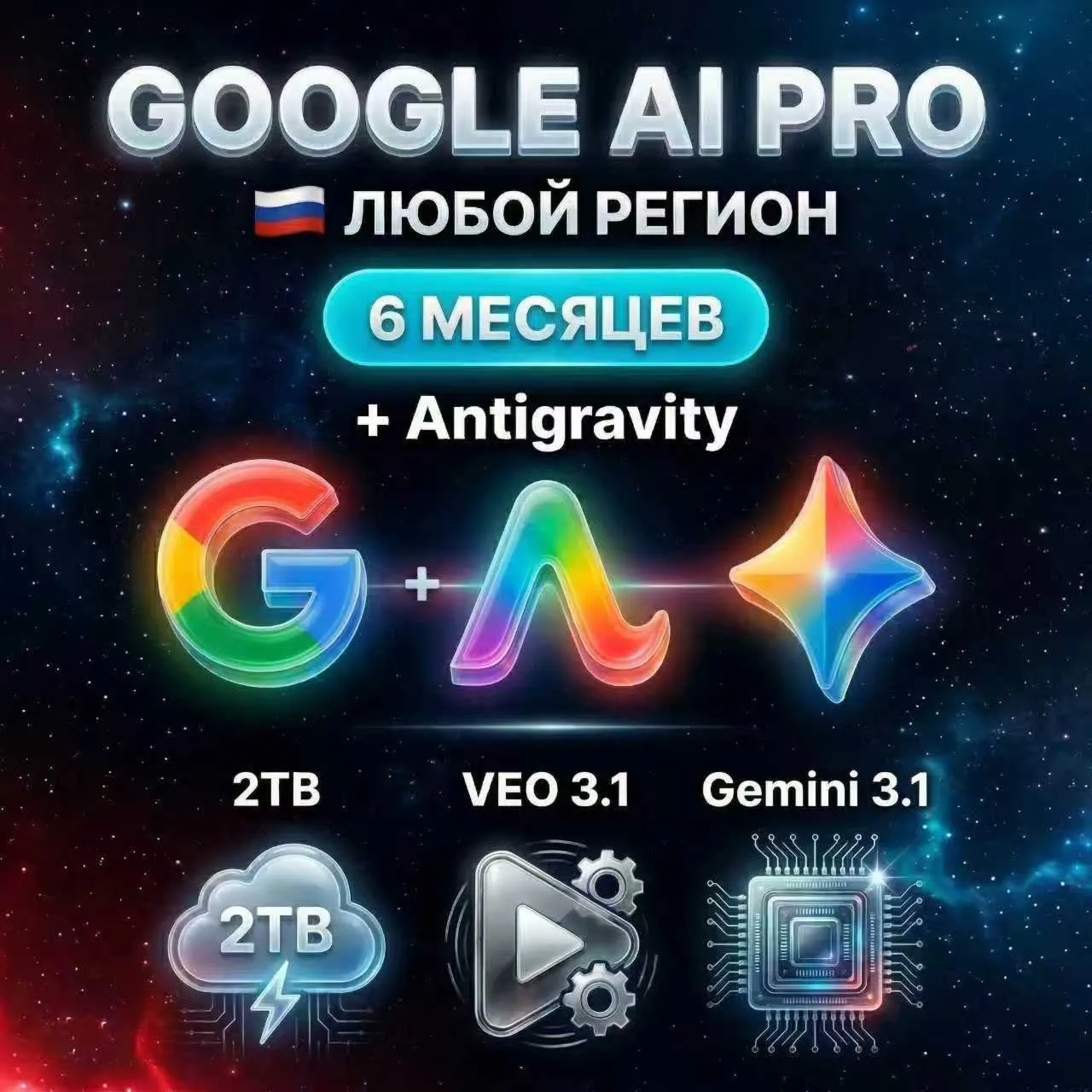 Google AI Pro 6 месяцев+Antigravity+Gemini 3.1+Nano Banana Pro+ Veo 3.1+2TB+gemini