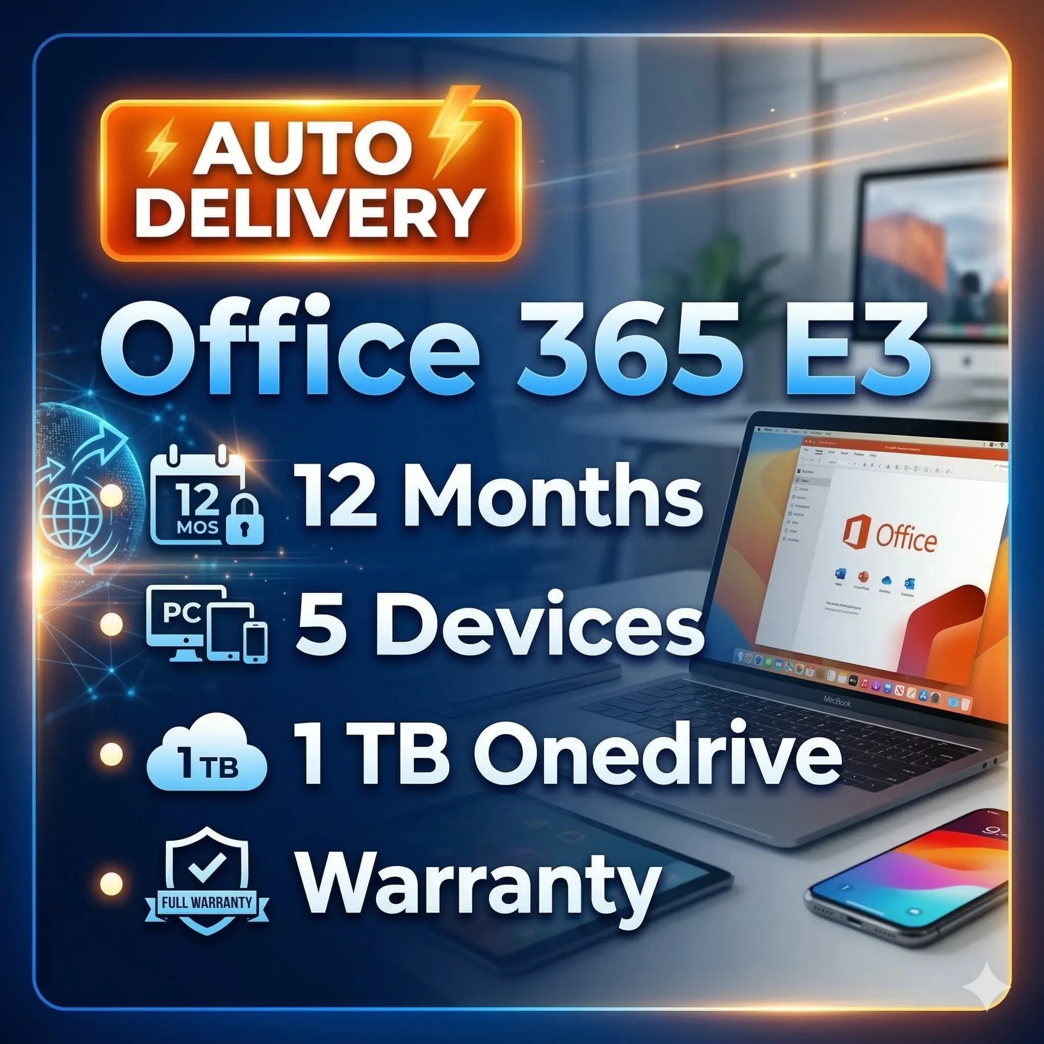AUTO DELIVERY | Office 365 E3 | 12 Months | 5 Devices | 1 TB Onedrive | Warranty