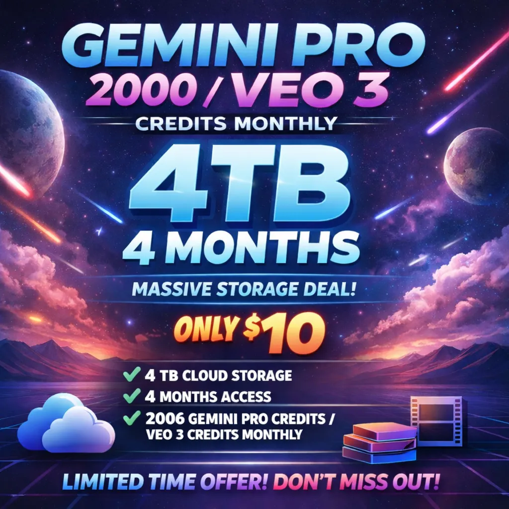 Gemini Pro 2000/Veo 3 кредита в месяц 4 ТБ 4 месяцев