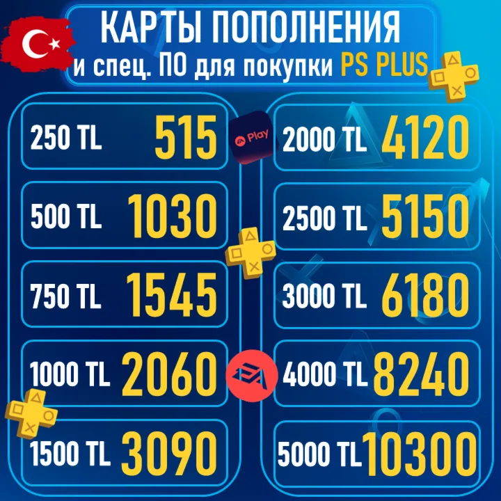КАРТА|КОД ПОПОЛНЕНИ БАЛАНС PSN PLAYSTATION PS 1000-2000-2500-3000-4000-5000 TL ТУРЦ