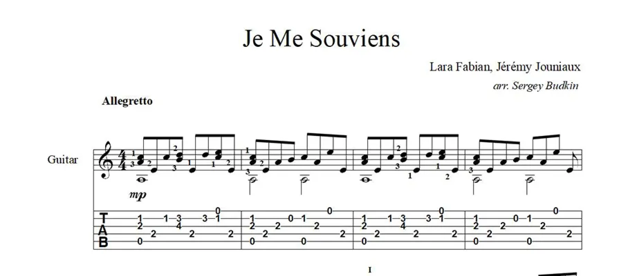 Je Me Souviens (Лара Фабиан) ноты для гитары