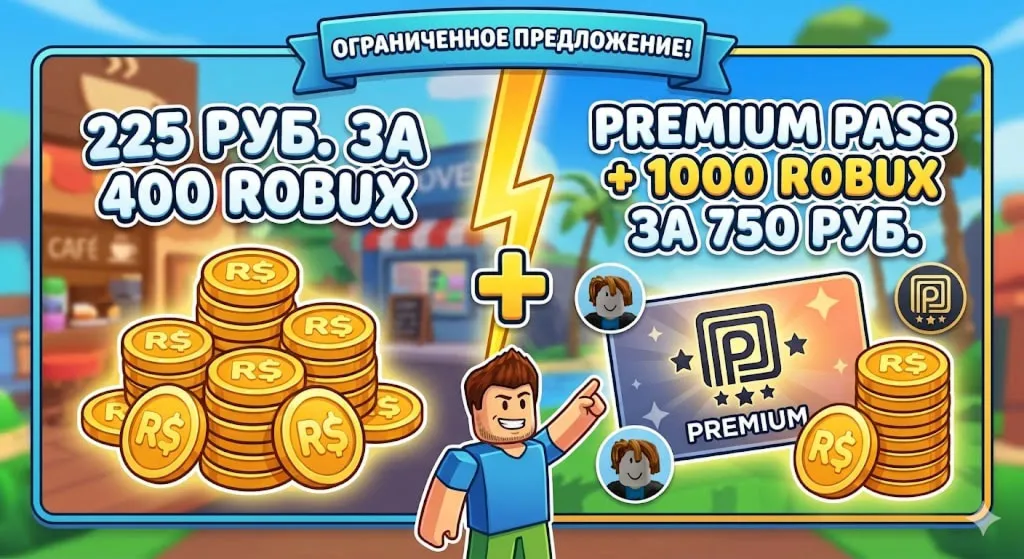 400 Robux — 225 руб. / 1000 Robux + Premium Pass — 750 руб. И множество других предло