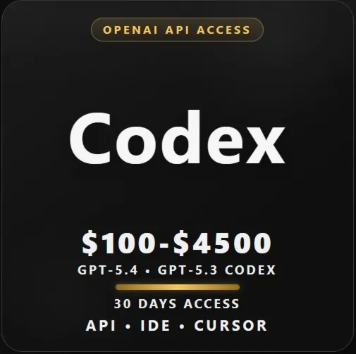 $100-$4500 баланс на модели GPT-5.4, GPT-5.3 Codex по API