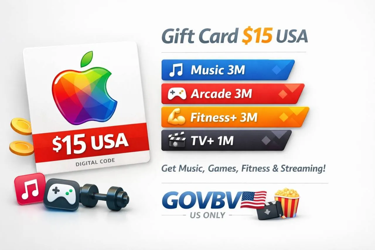  Apple Gift Card $15 USA +  Music 3M +  Arcade 3M +  Fitness+ 3M +  TV+ 1M |