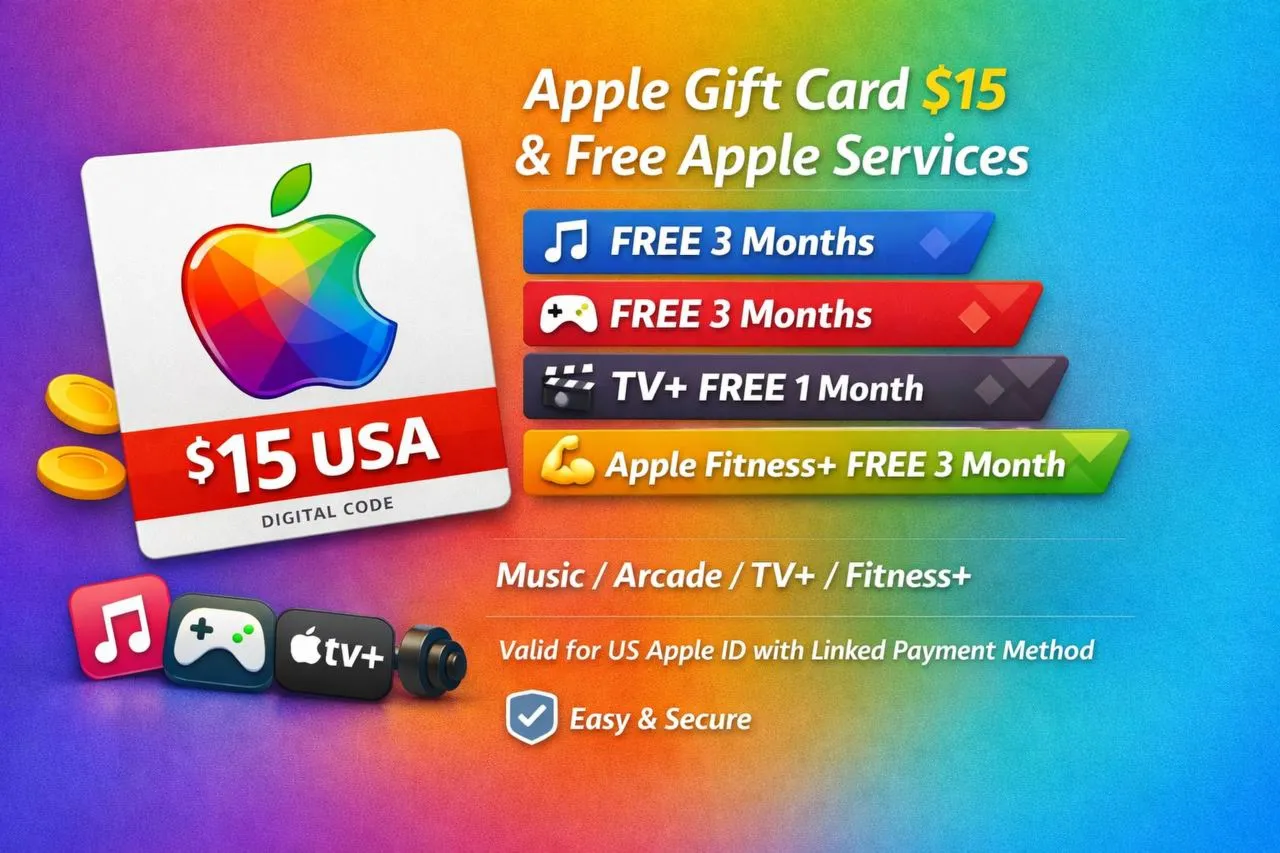  Apple Gift Card $15 USA +  Music 3M +  Arcade 3M +  Fitness+ 3M +  TV+ 1M |