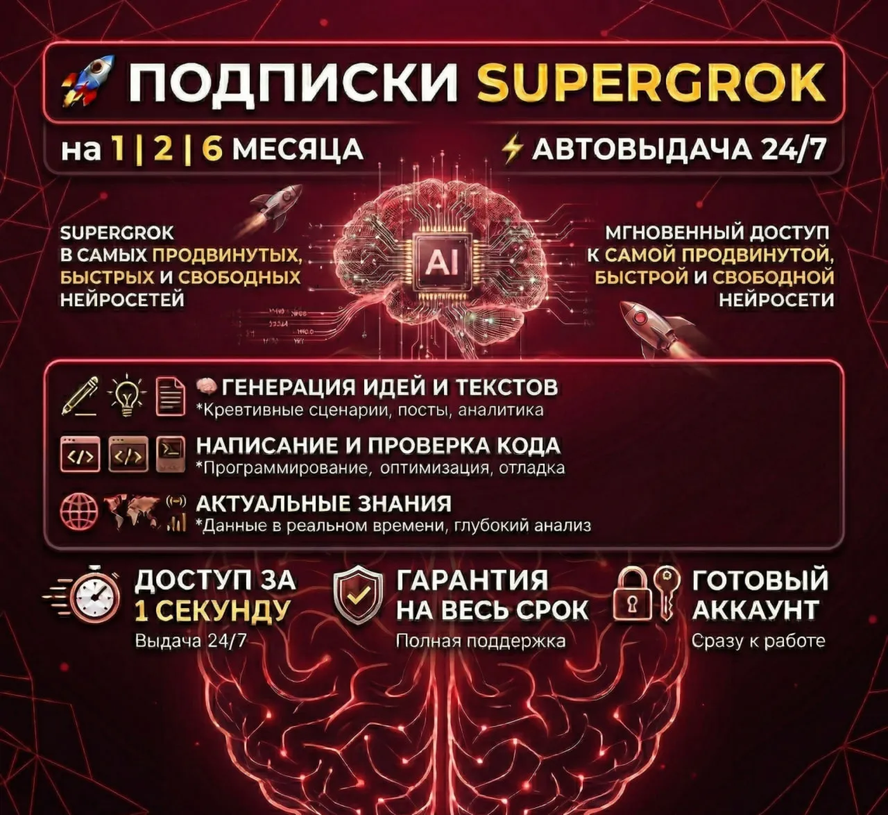24/7 Grok AI  | 1,2,6  Месяцев подписки  SUPERGROK