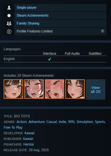 STEAM KEY - BIG TOYS (18+) - [РФ + REGION FREE/GLOBAL] - Автодоставка