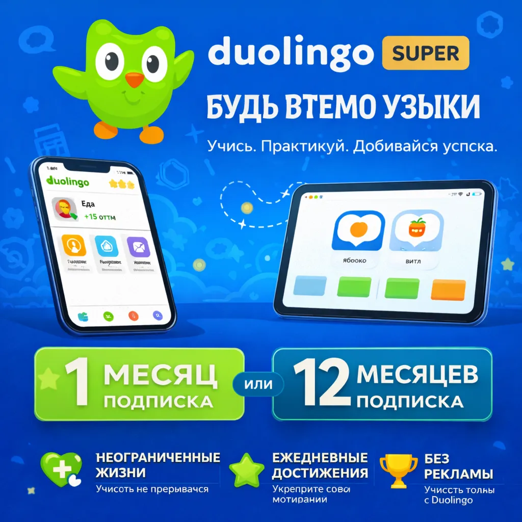 🦚 Duolingo Super 12 месяцы💚На Вашем аккаунте