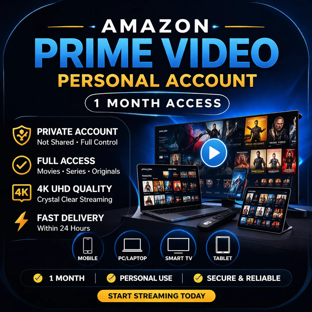 Amazon Prime Video Personal Account – 1M/3M/6M/12M (4K UHD) | Private Access |