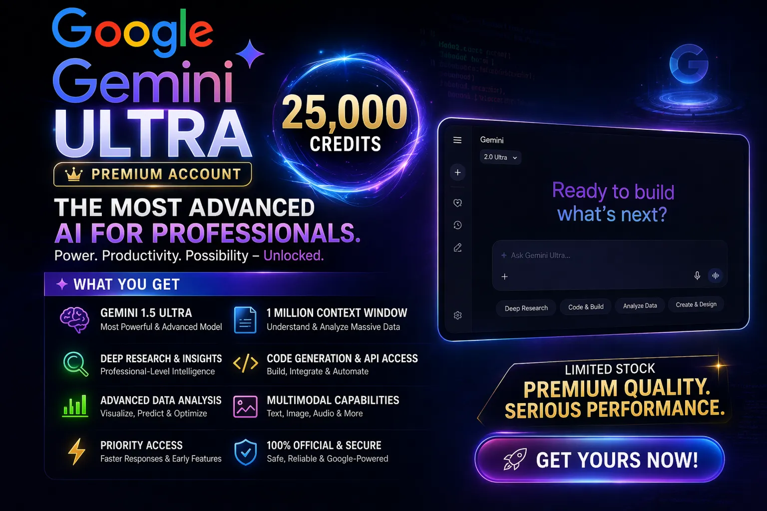 Google Gemini Ai Ultra Veo3.1 25000 кредитов | Приватный аккаунт | Мгновенная доставк