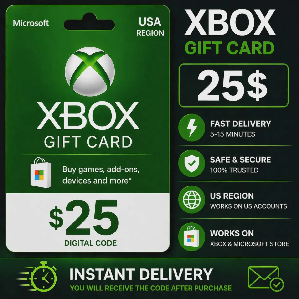 Карта Xbox 25 долларов США. Мгновенная доставка.