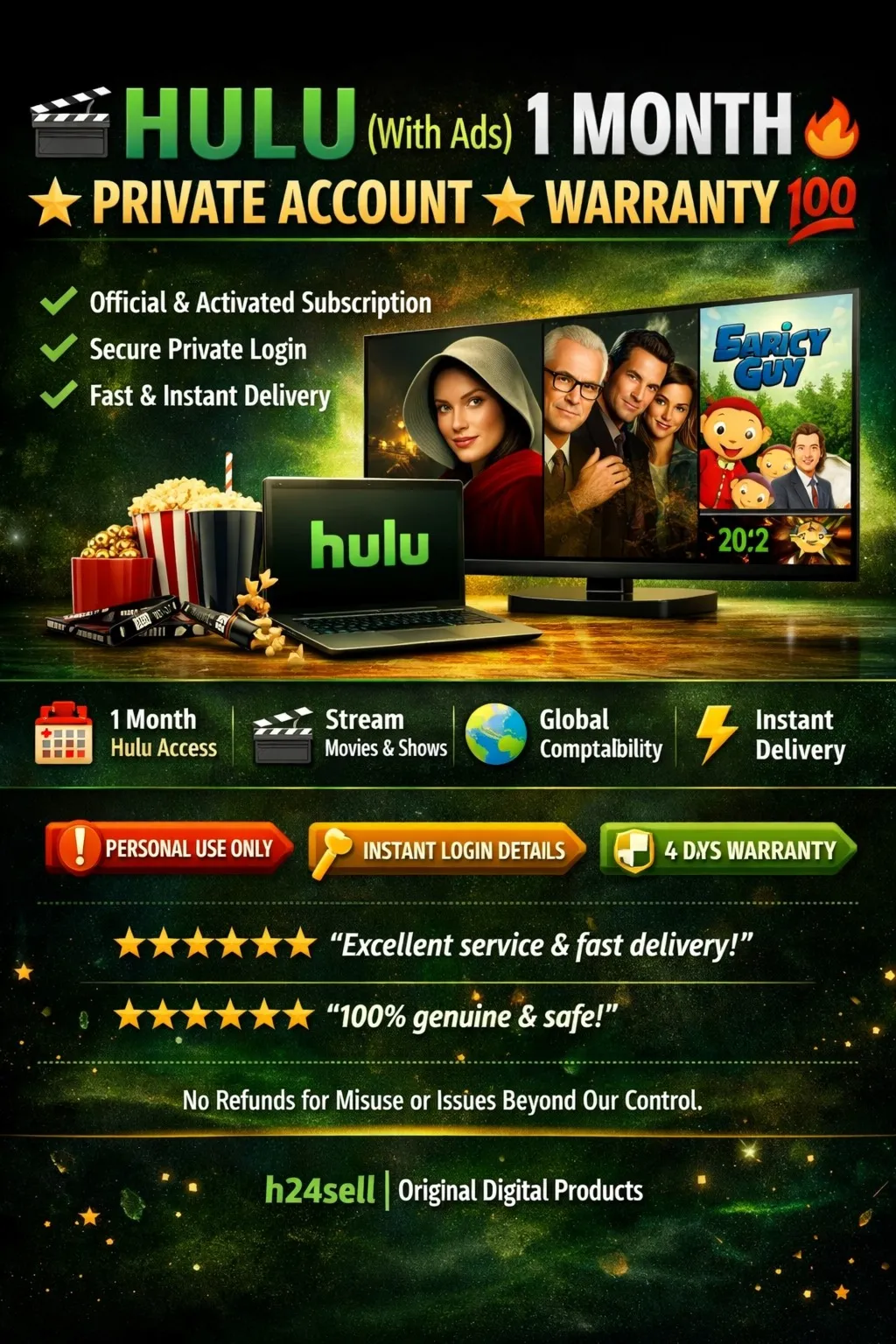 🎬✨ HULU (With Ads) | 1 Month 🔒📺 Private Account ★Warranty★ 💯⚡🌍