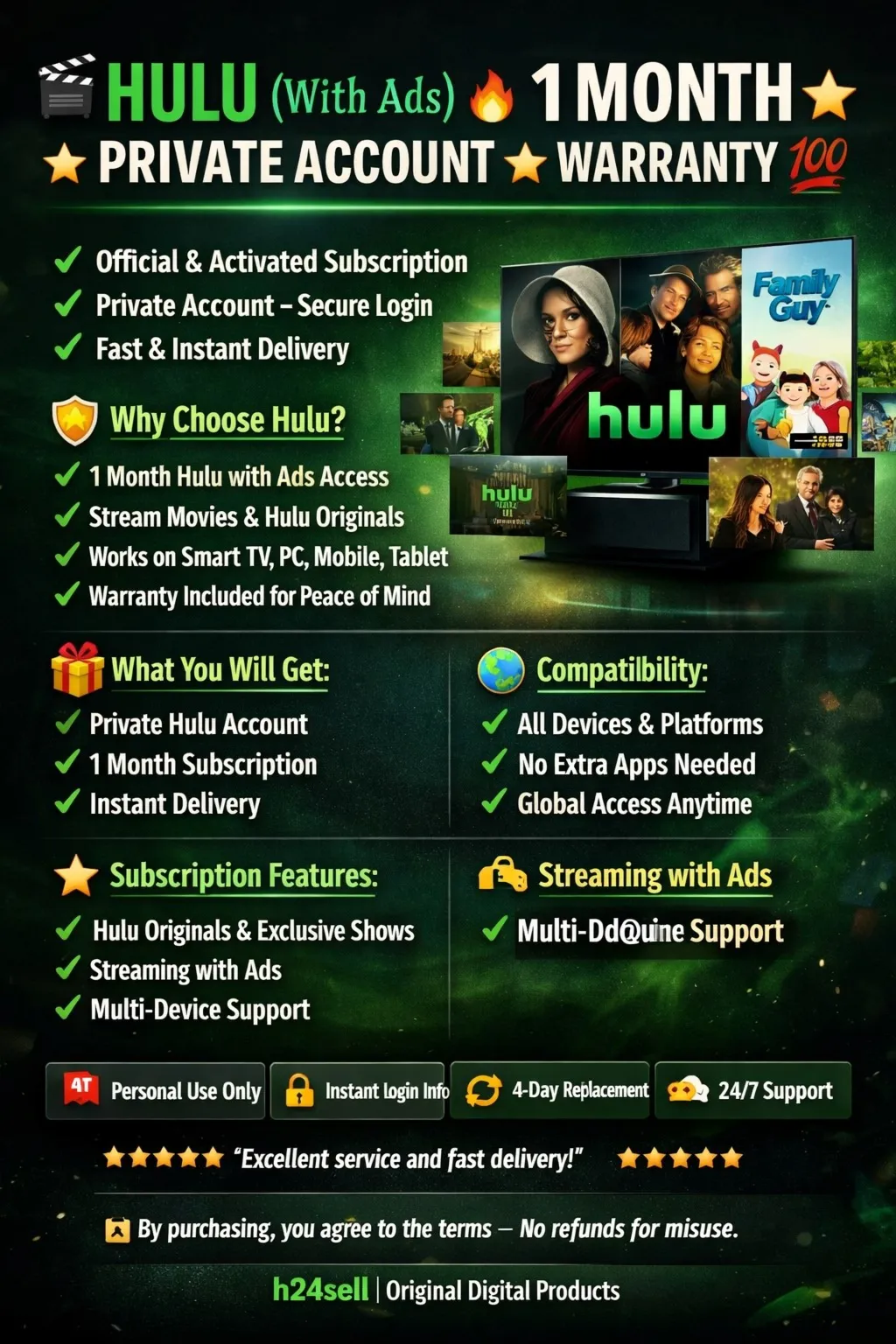 🎬✨ HULU (With Ads) | 1 Month 🔒📺 Private Account ★Warranty★ 💯⚡🌍