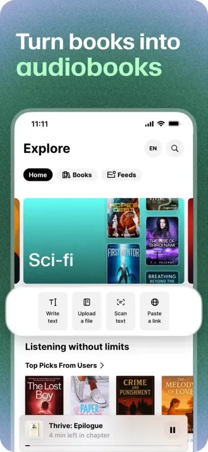 ElevenReader Ultra | 1 год | Собственное | Мгновенное [800+ AI-голосов, безлимит]