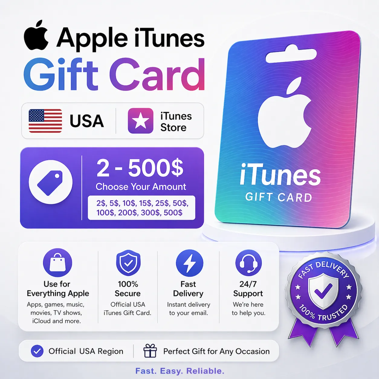 Apple iTunes Gift Card — Регион США | $2–$500 | Мгновенная цифровая доставка