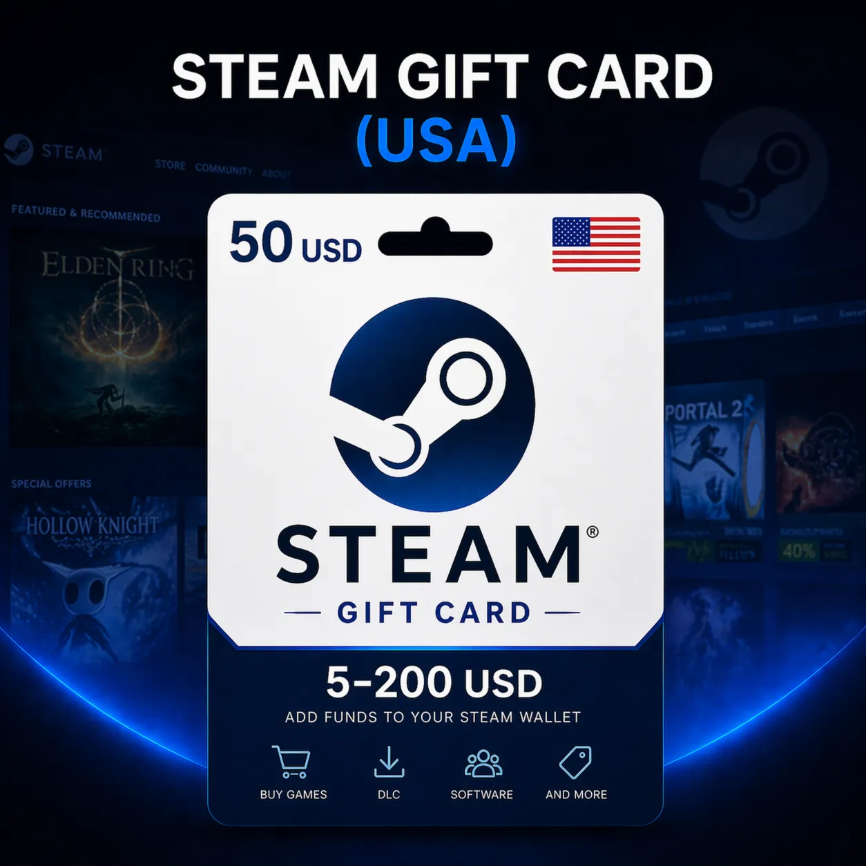 Steam Gift Card (США) 5–200 USD | Код пополнения Steam