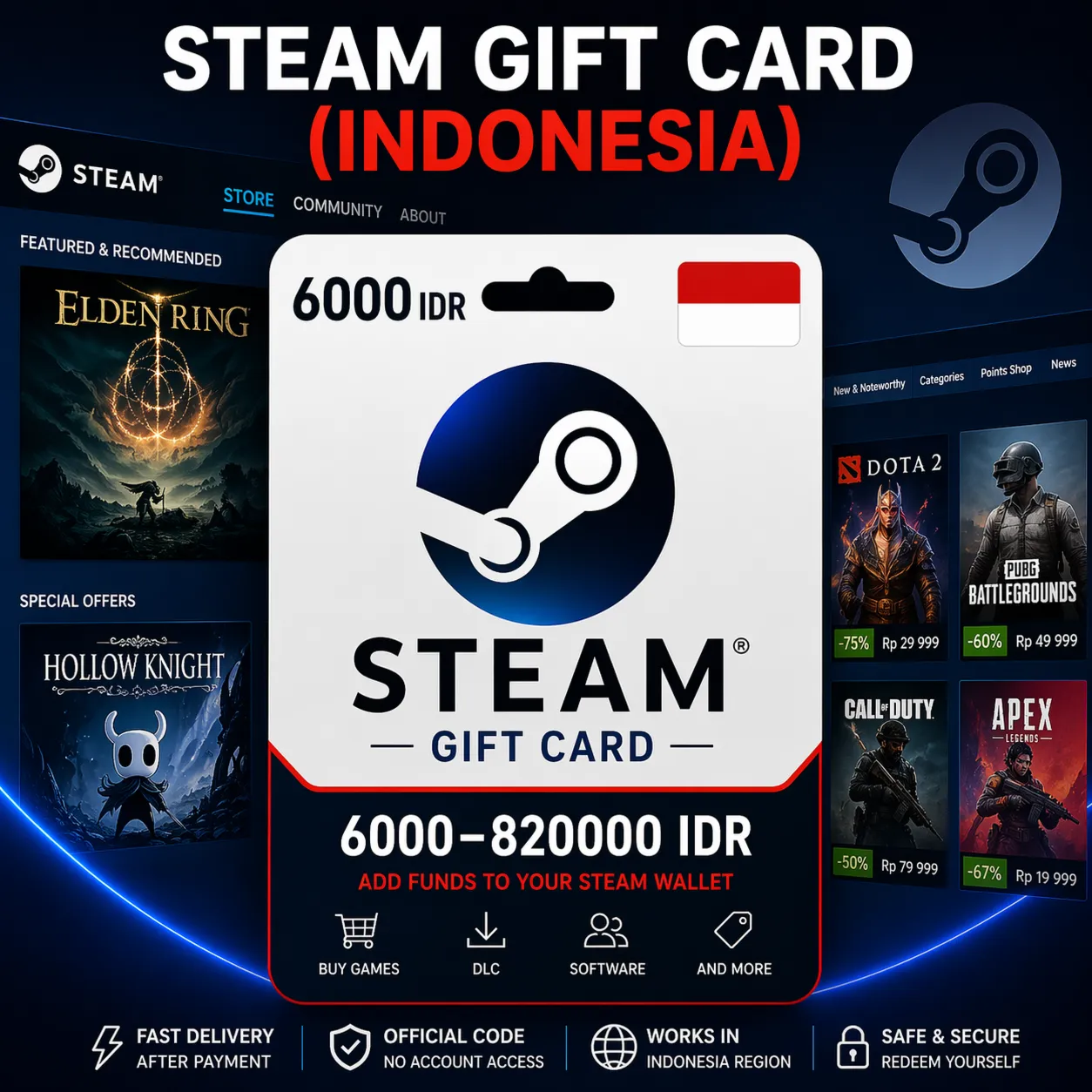 Steam Gift Card (Индонезия) 6000–820000 IDR | Код пополнения Steam