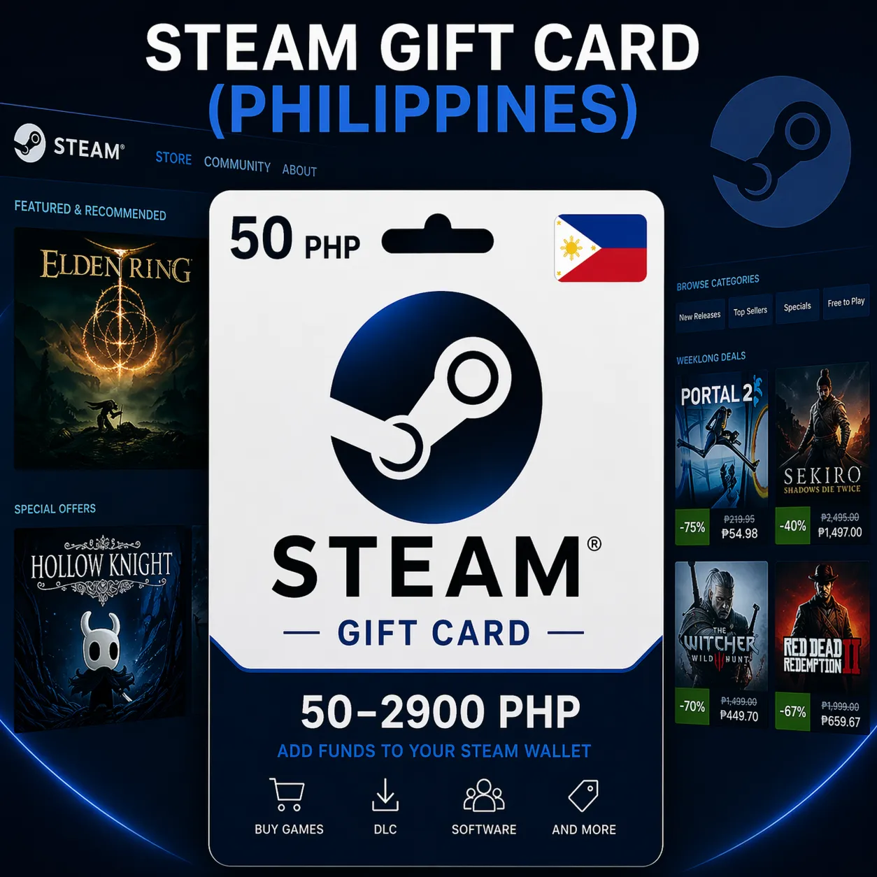 Steam Gift Card (Филиппины) 50–2900 PHP | Код пополнения Steam