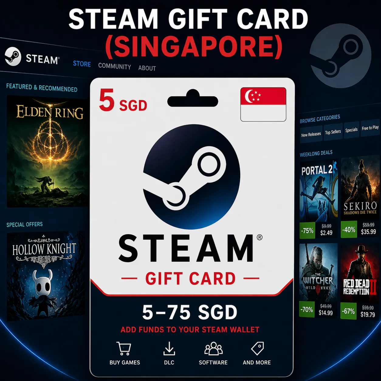 Steam Gift Card (Сингапур) 5–75 SGD | Код пополнения Steam