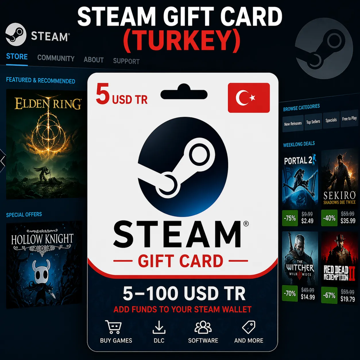 Steam Gift Card (Турция) 5–100 USD TR | Код пополнения Steam