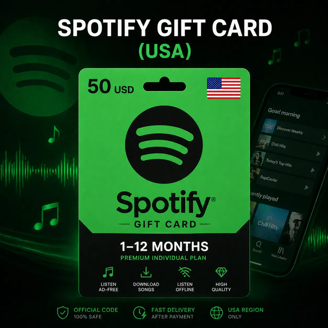 Spotify Gift Card (США) 1–12 месяцев | Код пополнения Spotify
