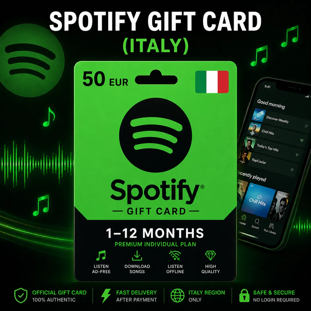 Spotify Gift Card (Италия) 1–12 месяцев | Код пополнения Spotify