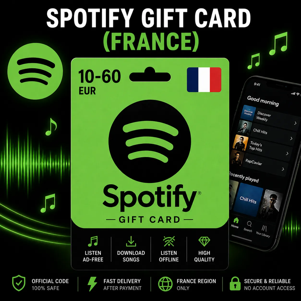 Spotify Gift Card (Франция) 10–60 EUR | Код пополнения Spotify
