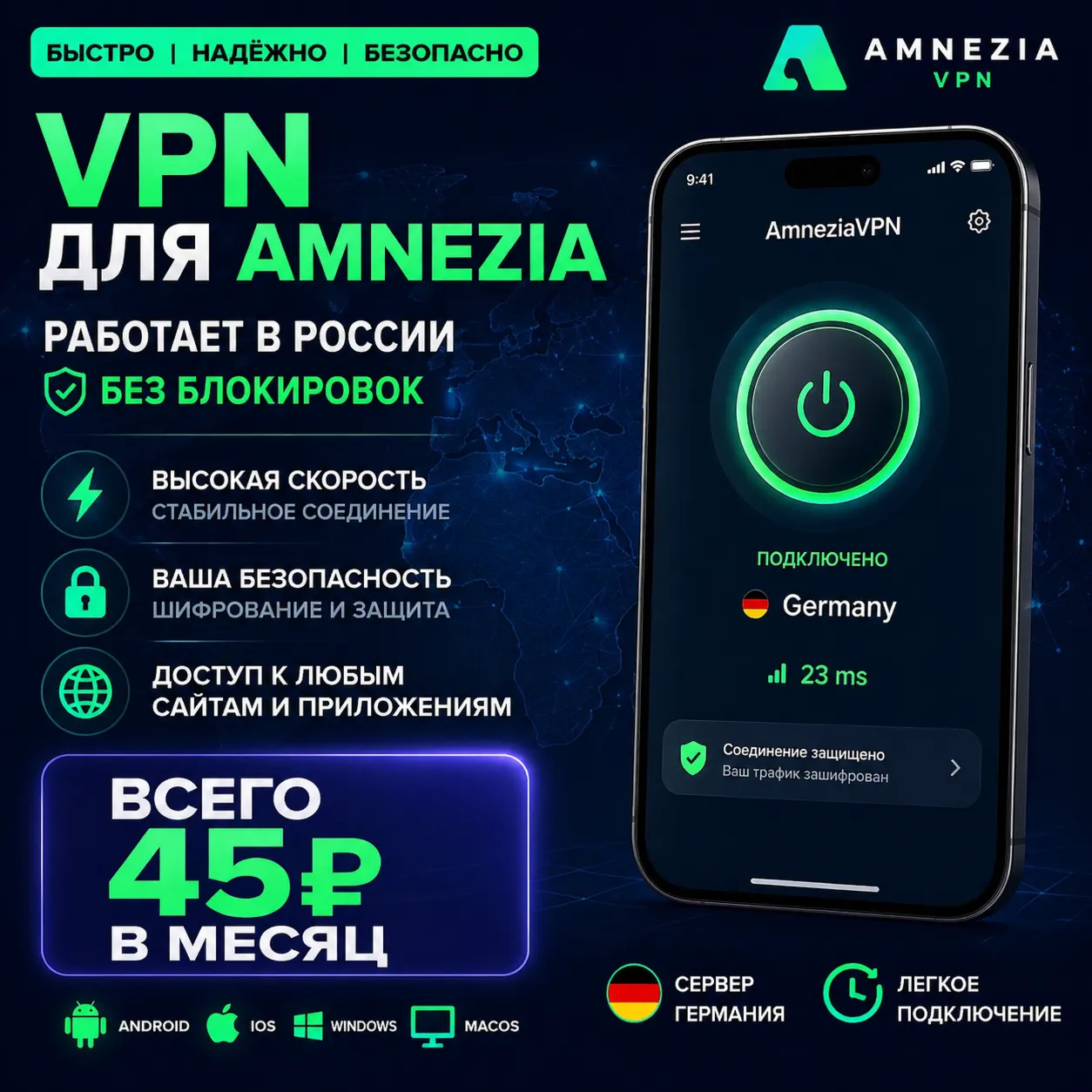 VPN для Amnezia | ВПН в Европе | Быстрое подключение | PC / iOS / Android