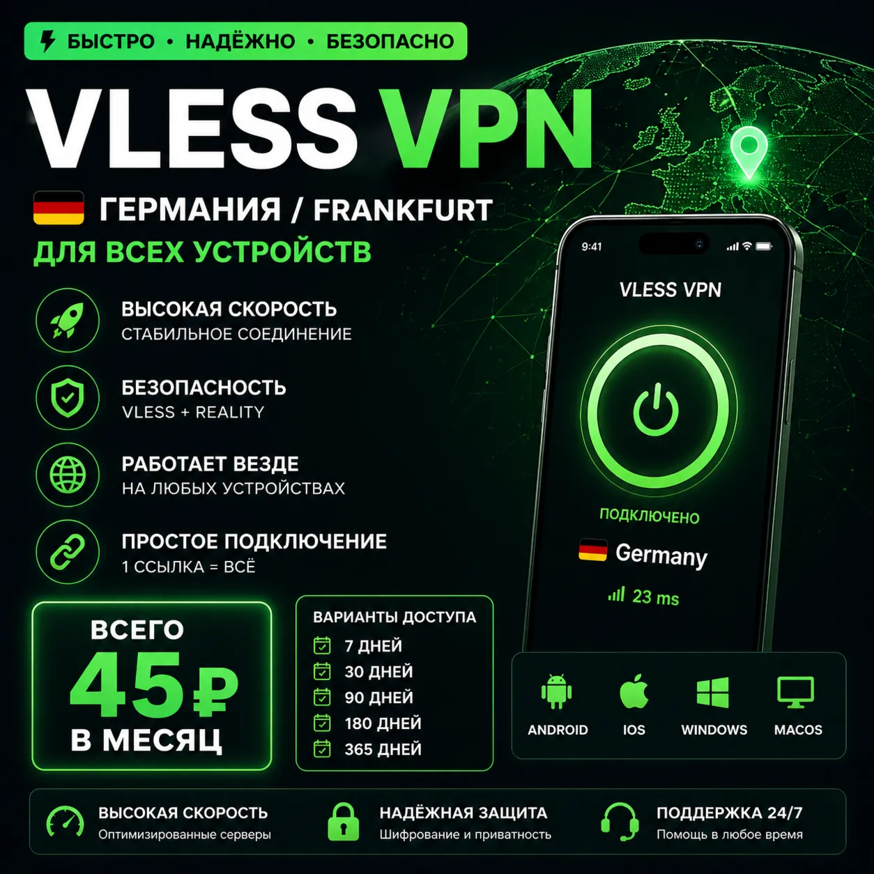 VLESS VPN | Eutope | PC / Android / iOS | Fast Setup