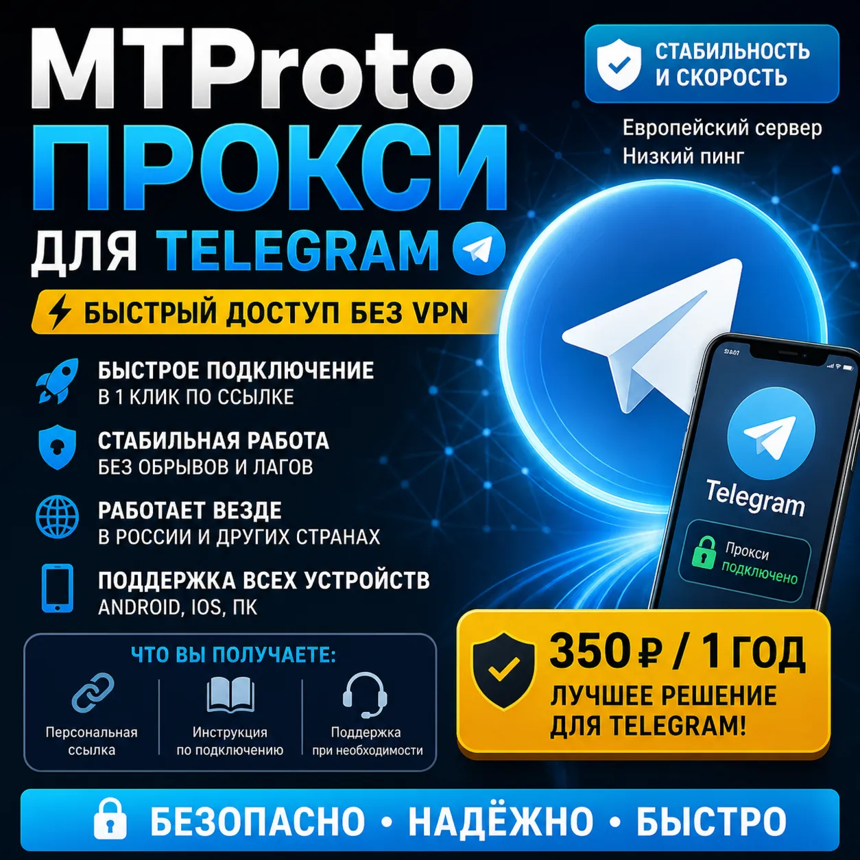 Прокси для Telegram |  Telegram proxy (MTProto) | Быстрый доступ без VPN | 1 год