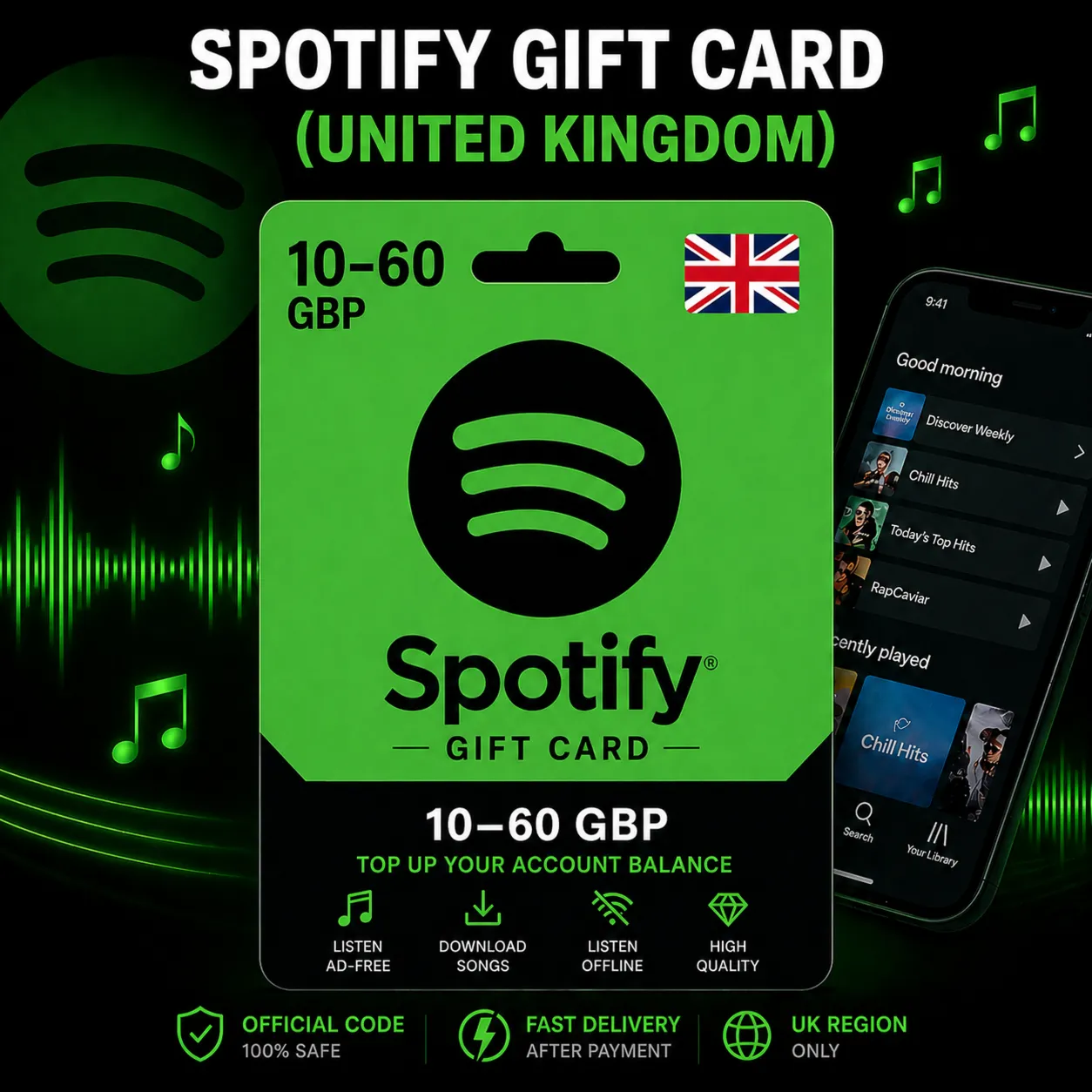Spotify Gift Card (Великобритания) 10–60 GBP | Код пополнения Spotify