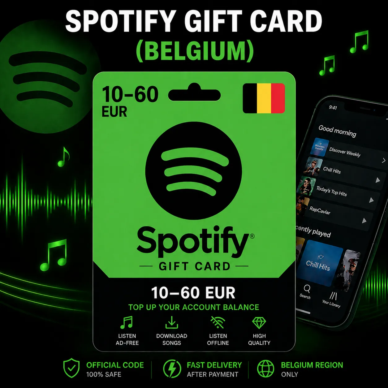 Spotify Gift Card (Бельгия) 10–60 EUR | Код пополнения Spotify