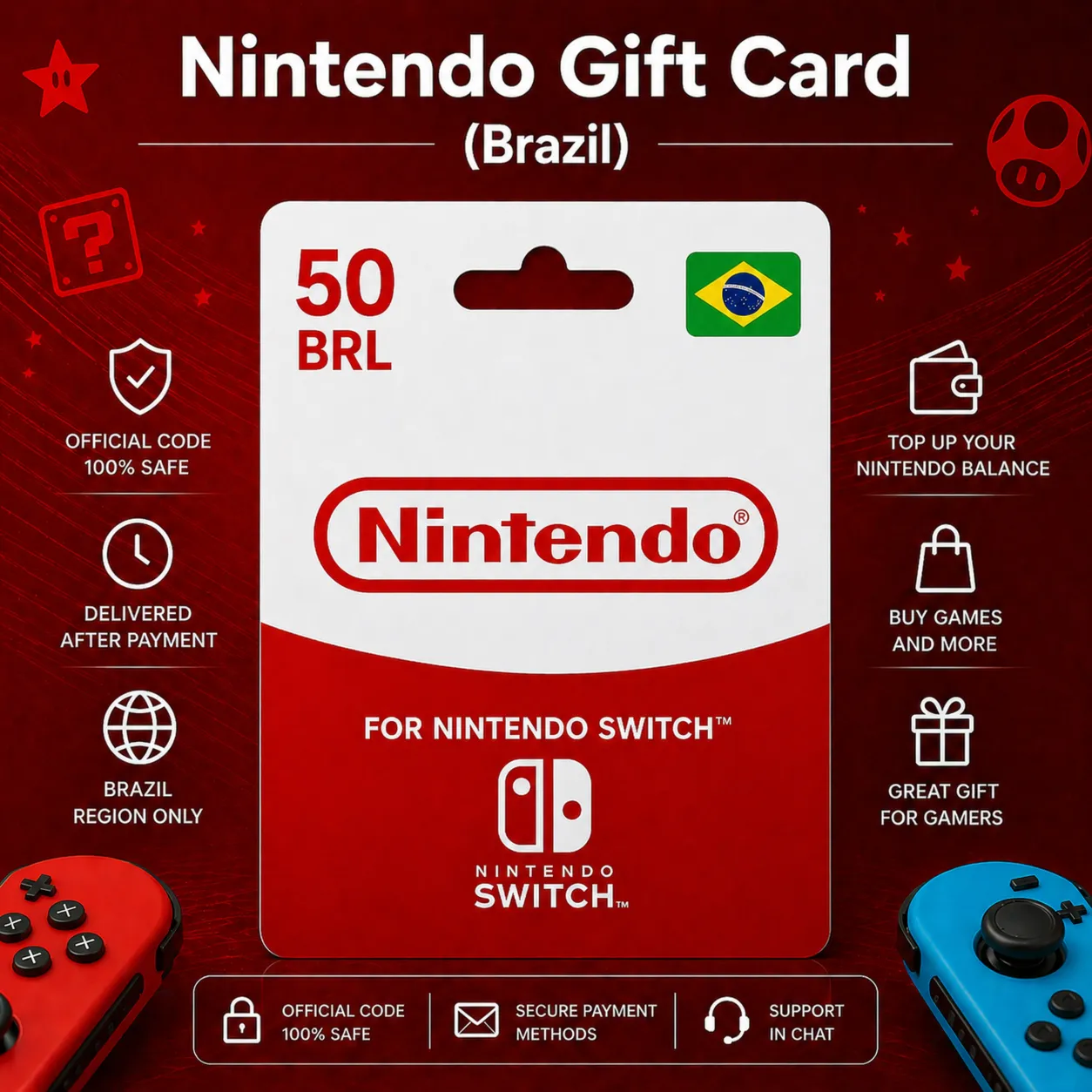 Nintendo Gift Card (Бразилия) 50–500 BRL | Код пополнения Nintendo